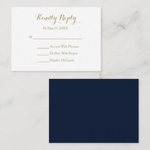 Elegante Script Navy Blue Gold White RSVP Karte