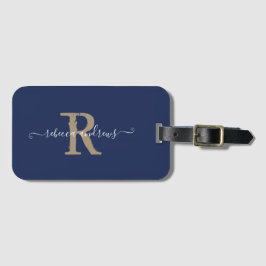 Elegante Script Navy Gold Monogram Name Travel Gepäckanhänger