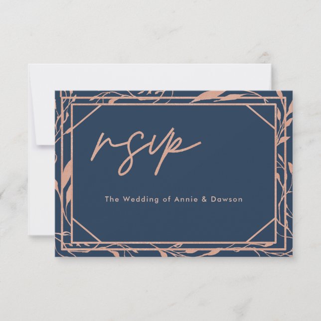 Elegante Script Navy Rose Gold Wedding RSVP (Vorderseite)