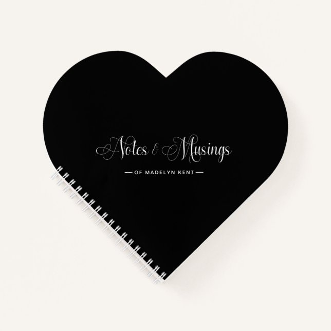 Elegante Script Notes & Musings Heart Black Notizbuch (Vorderseite)