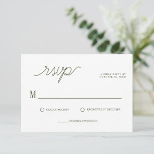 Elegante Script Olive Green Minimal Hochzeit RSVP Karte