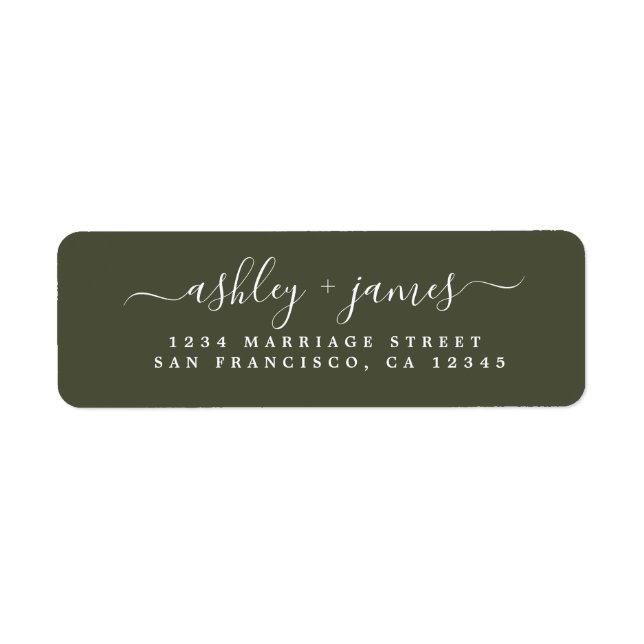 Elegante Script Olive Green Wedding Rücksendeadres (Vorne)