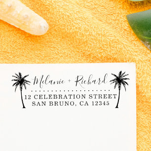 Elegante Script & Palm Trees Hochzeit-Rücksendeadr Permastempel