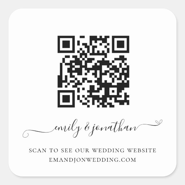 Elegante Script QR Code Wedding Website Quadratischer Aufkleber (Vorderseite)