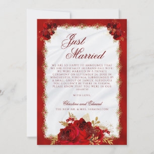 Elegante Script Red Gold Rose Blumenhochzeit Ankündigung