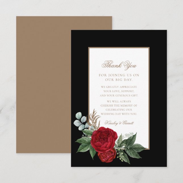 Elegante Script Red Peonies Black & Gold Hochzeit Dankeskarte (Vorne/Hinten)