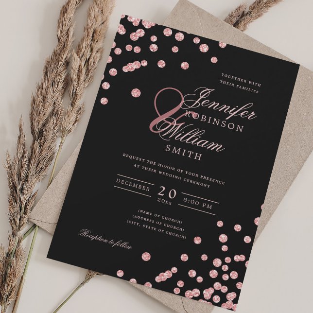 Elegante Script Rose Gold Confetti QR Wedding Blac Einladung (Elegant Script Rose Gold Confetti QR Wedding Black Invitation)