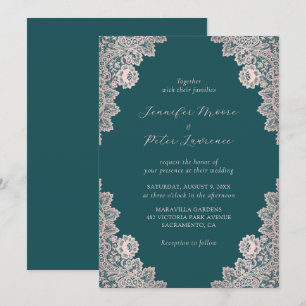 Elegante Script-Rose Gold und Aquamarine Hochzeit Einladung