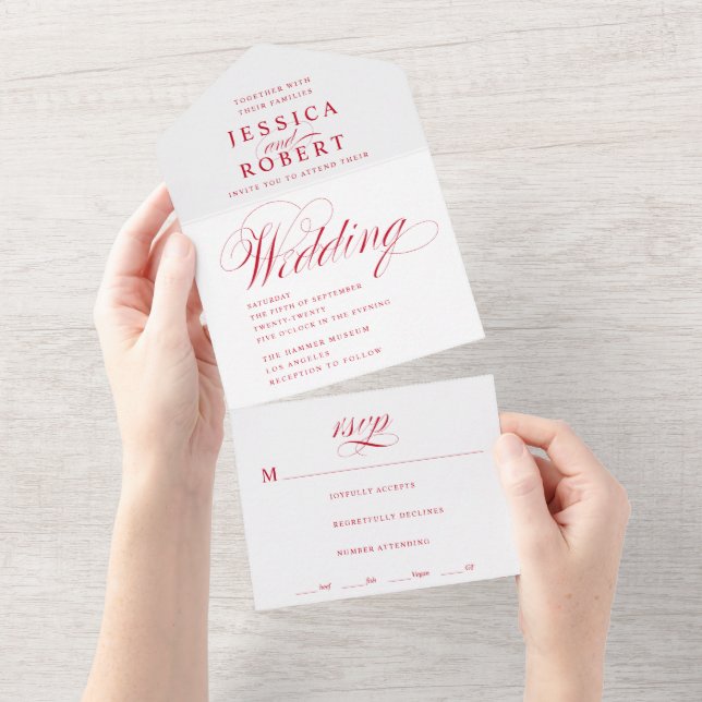 Elegante Script Rot-Weiß-Kalligrafie-Hochzeit All In One Einladung (Abreißen)