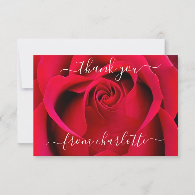 Elegante Script-Rote Rose Floral Vielen Dank Dankeskarte (Vorderseite)