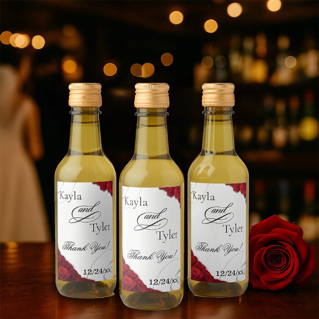 Elegante Script-Rote Rosen Hochzeit Weinetikett (Elegant Script Red Roses Wedding Wine Labels)