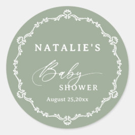 Elegante Script-Sage Green Baby-Dusche Runder Aufkleber
