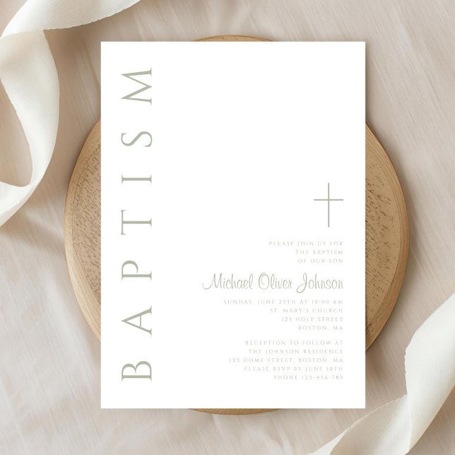 Elegante Script Sage Green Cross Taufe Einladung (Elegant Script Sage Green Cross Baptism Invitation)