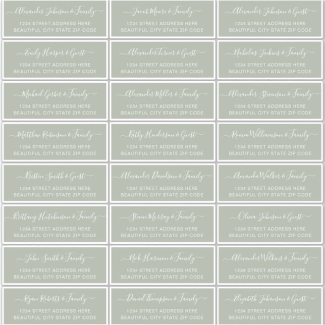 Elegante Script Sage Green Wedding Guest Address Aufkleber (Vorderseite)