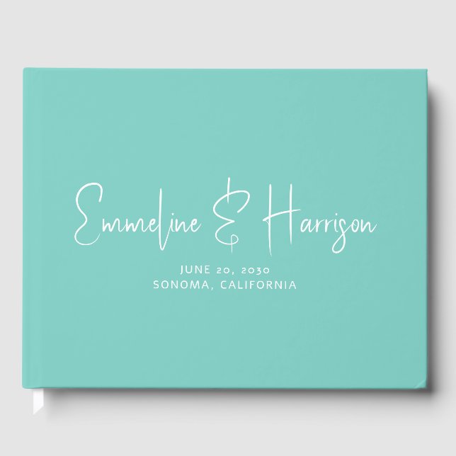 Elegante Script Serif Aquamarine Hochzeit Gästebuch (Vorderseite)