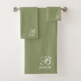 Elegante Script Serif Monogram Sage Green Badhandtuch Set