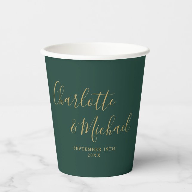 Elegante Script Smarald Green und Gold Wedding Pappbecher (Vorderseite)