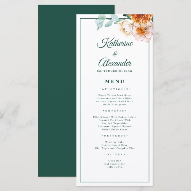 Elegante Script Smarald Green Watercolor Hochzeit Menükarte (Vorne/Hinten)
