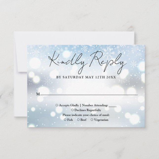 Elegante Script Snowflakes Winterhochzeit RSVP Karte (Vorderseite)