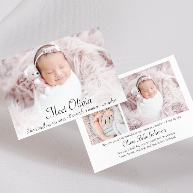 Elegante Script Stats Foto Collage Baby Girl Birth Ankündigung (Elegant Script Stats Photo Collage Baby Girl Birth Announcement
)