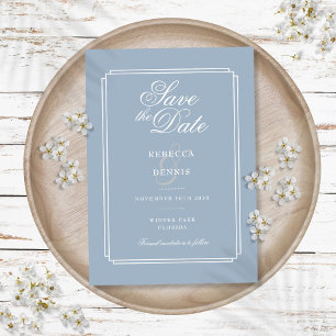 Elegante Script Staubblau Art Deco Hochzeit Save The Date