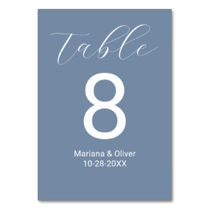 Elegante Script Staubblau Hochzeit Tischnummer
