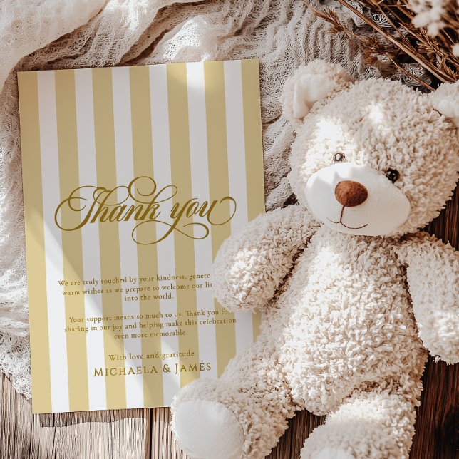 Elegante Script & Stripes Baby Dusche Dankeskarte (Von Creator hochgeladen)