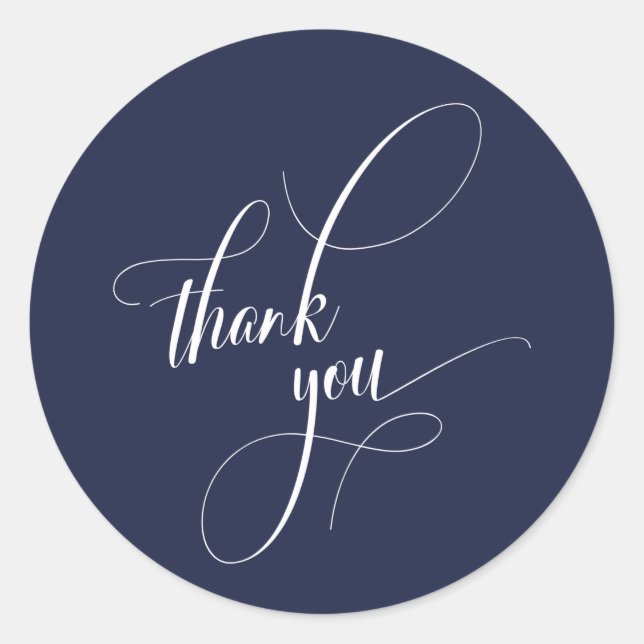 Elegante Script Typografie Danke Navy Blue Runder Aufkleber (Vorderseite)