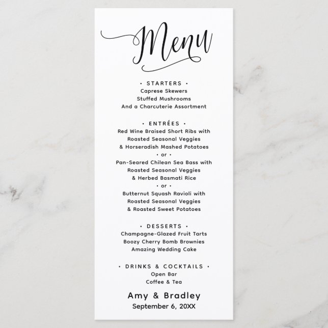 Elegante Script Typografie Simple White Menükarte (Vorderseite)
