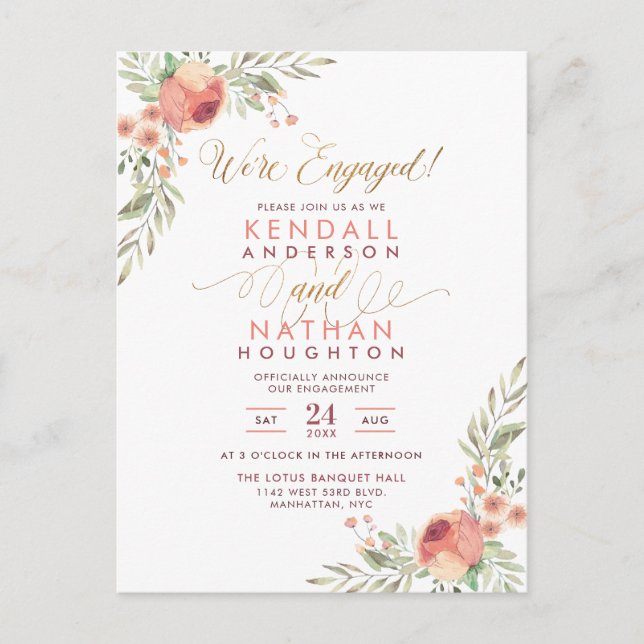 Elegante Script Watercolor Floral Engagement Party Einladungspostkarte (Vorderseite)