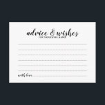 Elegante Script Wedding Advice and Wishings Card Hinweiskarte<br><div class="desc">Fügen Sie Ihrer Hochzeit eine persönliche Touch mit einer eleganten Hochzeitsberatung und Wunschkarte hinzu. Diese Ratgeber-Karte zeigt den Titel im modernen,  schwarz-eleganten Kalligraphie-Schriftart-Stil und Details in Schwarz Sans Serif Schriftart Stil auf weißem Hintergrund. Ideal für Hochzeiten,  Babydusche,  Geburtstagsparty,  Brautparty,  Junggeselinnen-Abschied und alle besondere Anlässe.</div>