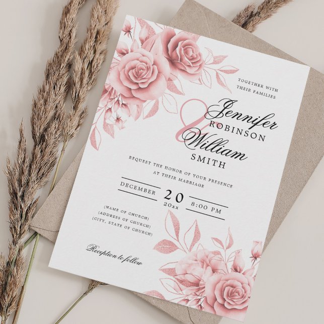 Elegante Script Wedding Blush Rose Gold Floral Einladung (Elegant Script Wedding Blush Rose Gold Floral Invitation)