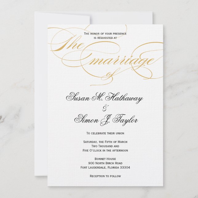 Elegante Script Wedding Einladung - Gold & Black (Vorderseite)