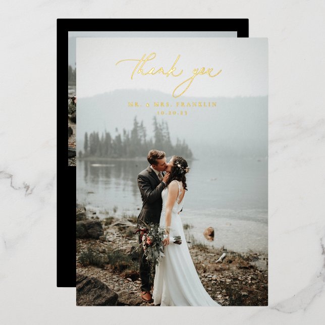 Elegante Script Wedding Foto Foil Danke Card Folieneinladung (Vorderseite/Rückseite)