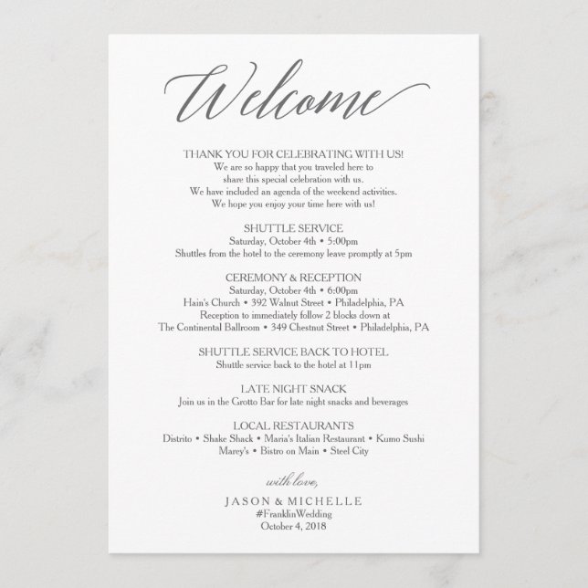 Elegante Script Wedding Itinerary - Begrüßung Programm (Vorderseite)
