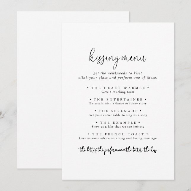 Elegante Script Wedding Kissing Menu Game Card (Vorne/Hinten)