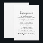 Elegante Script Wedding Kissing Menu Game Card<br><div class="desc">Diese elegante Skript Hochzeit Küssen Menü-Game-Karte ist ideal für einen rustikalen Hochzeitsempfang. Das schlichte und elegante Design zeichnet sich durch klassische und extravagante Schrift-Typografie in Schwarz aus.</div>