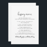 Elegante Script Wedding Kissing Menu Game Card<br><div class="desc">Diese elegante Skript Hochzeit Küssen Menü-Game-Karte ist ideal für einen rustikalen Hochzeitsempfang. Das schlichte und elegante Design zeichnet sich durch klassische und extravagante Schrift-Typografie in Schwarz aus.</div>