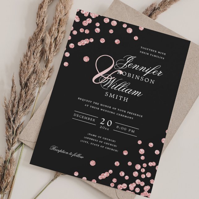 Elegante Script Wedding Rose Gold Confetti Black Einladung (Elegant Script Wedding Rose Gold Confetti Black Invitation)