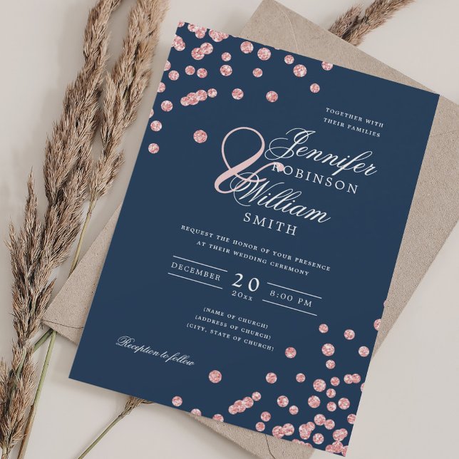 Elegante Script Wedding Rose Gold Confetti Navy Bl Einladung (Elegant Script Wedding Rose Gold Confetti Navy Blue Invitation)