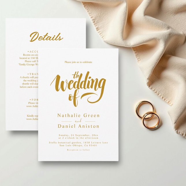 Elegante Script White and Gold Calligraphy Wedding Einladung (Von Creator hochgeladen)