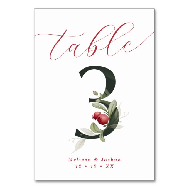 Elegante Script Winter Berries Tabelle 3 Tischnummer (Rückseite)