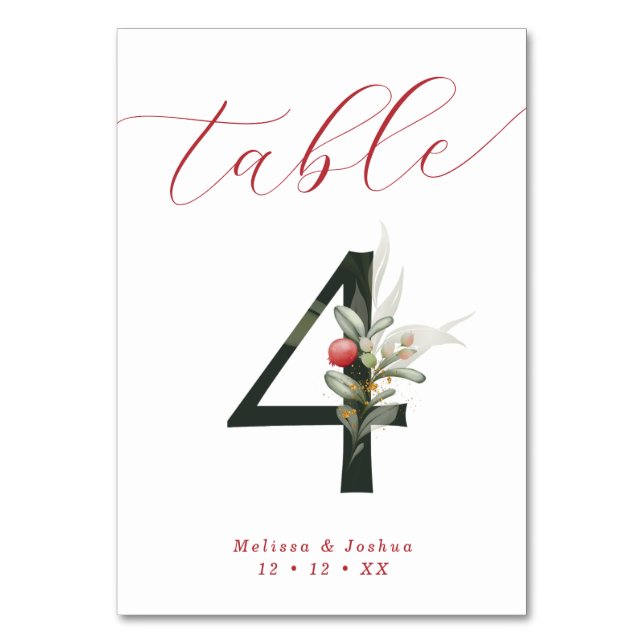 Elegante Script Winter Berries Tabelle 4 Tischnummer (Rückseite)