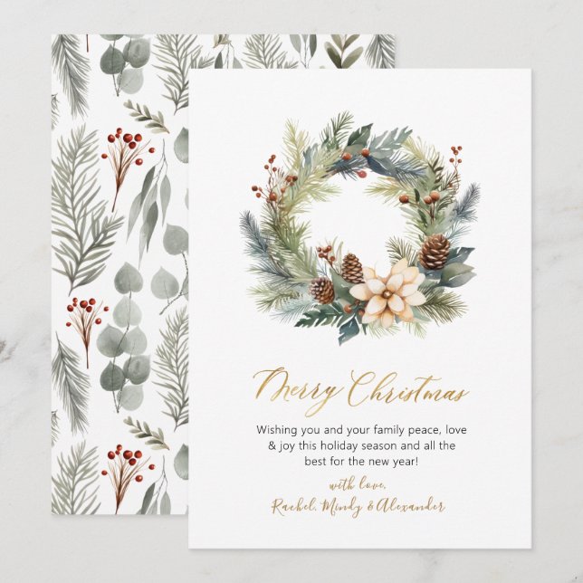 Elegante Script Wreath Greenerity Weihnachtskarte Feiertagskarte (Vorne/Hinten)