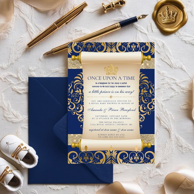 Elegante Scroll Prince Baby Shower Einladung (Boy Royal Prince Baby Shower | Blue Royal Baby Shower)