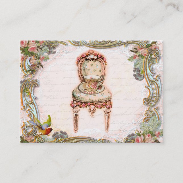Elegante Scrolls & Pink Roses & Teacup Visitenkarte (Vorderseite)