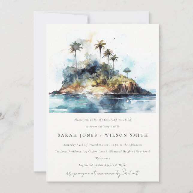 Elegante Seascape Palm Tree Island Paare Dusche Einladung (Vorderseite)