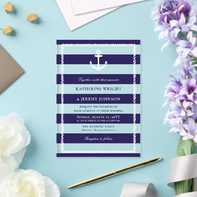 Elegante Seestreifen Anchor Nautical Wedding Acryleinladungen (In Situ (Hochzeit))