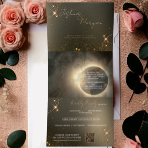 Elegante Sepia-Sonnenfinsternis-Foto-Hochzeit Dreifach Gefaltete Einladung