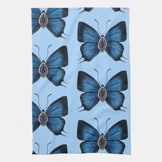 Elegante September Blue Sapphire Butterfly Pattern Geschirrtuch (Vertikal)